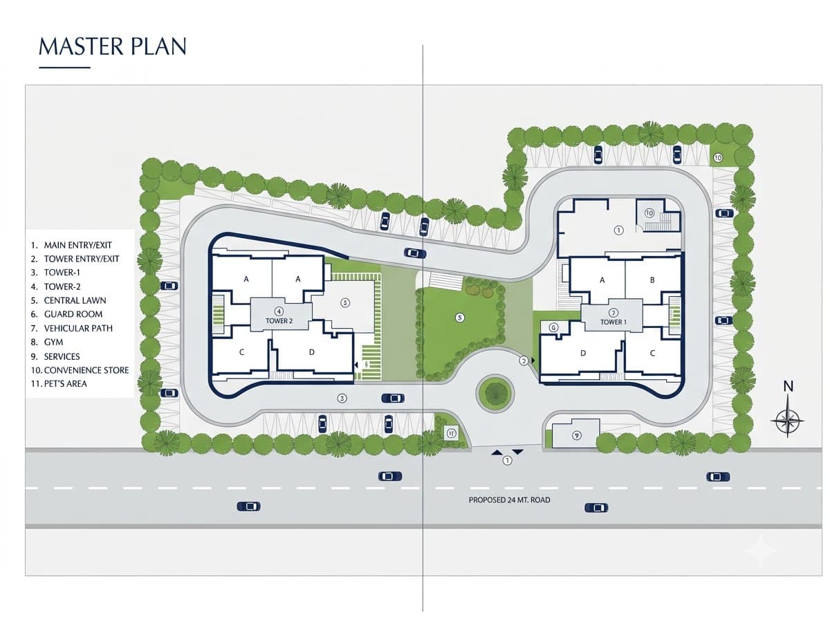 Site plan — Both towers traced on the drawing you already have.
