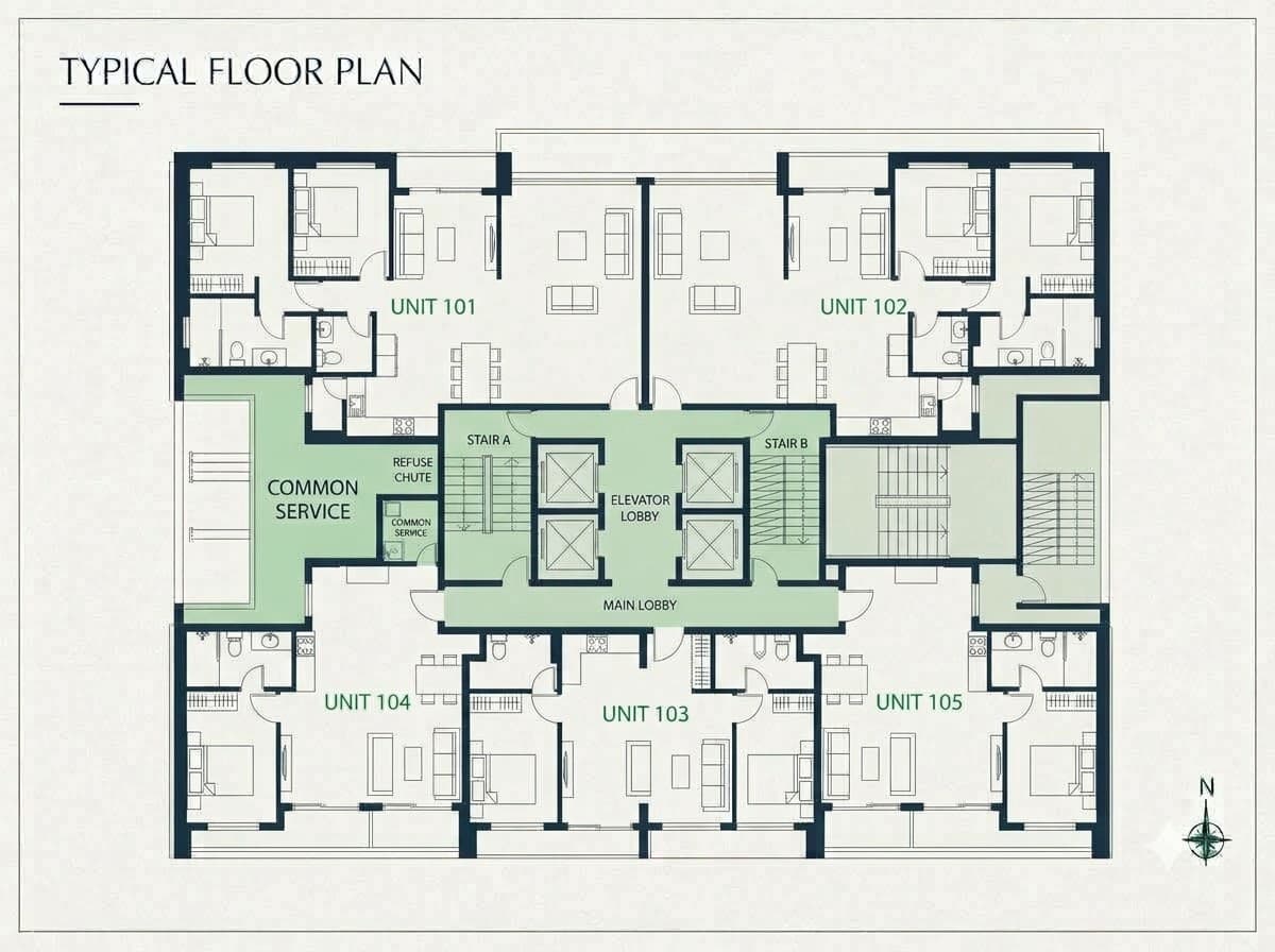 Floor plate — Each flat outlined, priced and marked available or held.