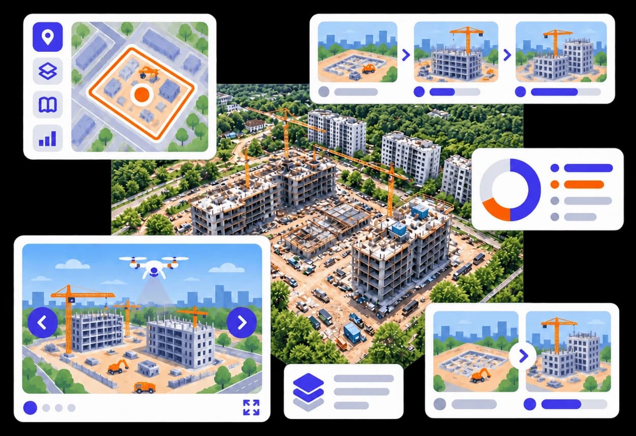 An AeroX360 project: site map, 360° viewer, progress ring and a week-by-week comparison strip
